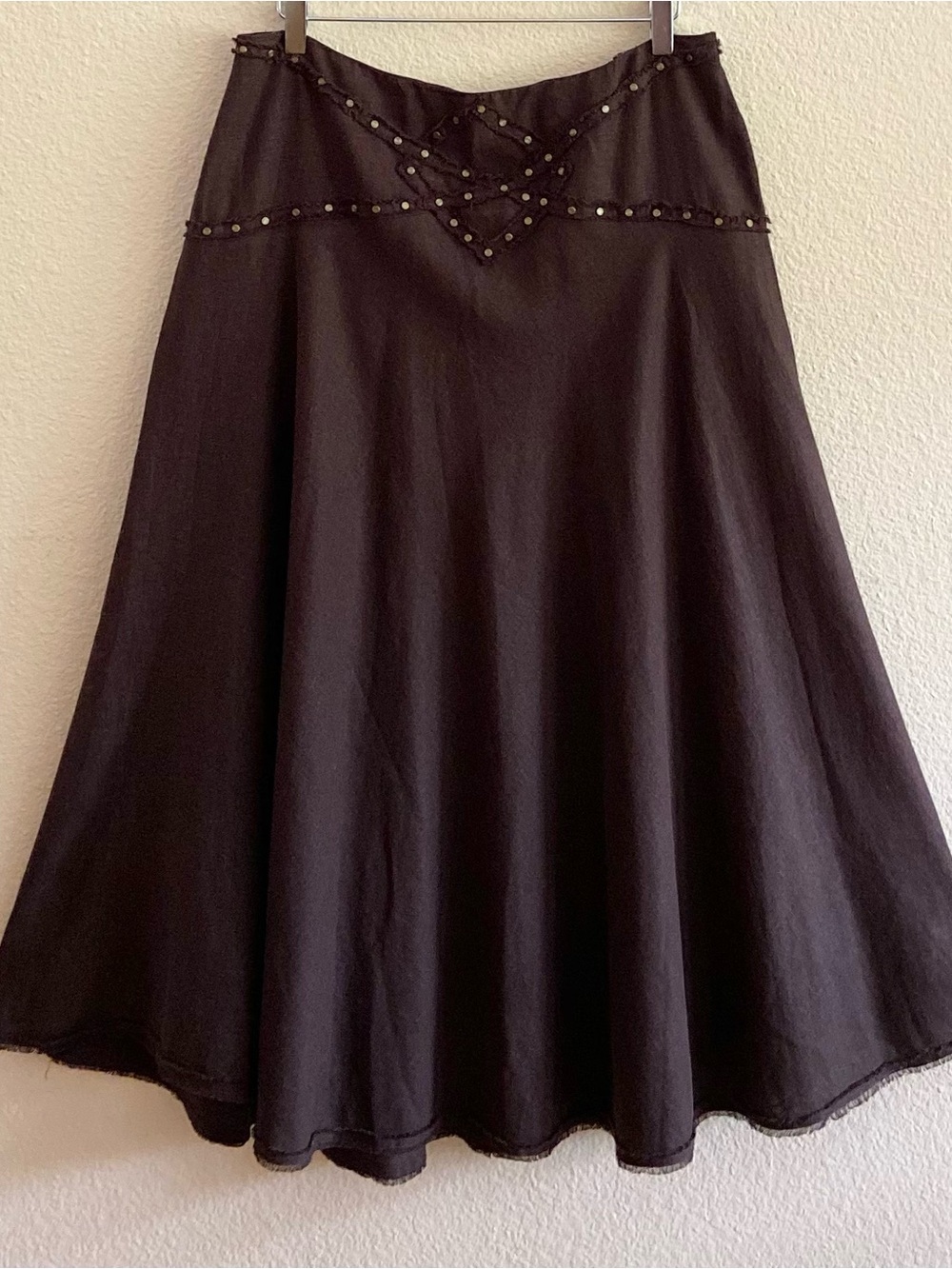 Skirt - Full Maxi - Brown - Fully Lined - Fray Hem - Studding at Waist - I.C.E.